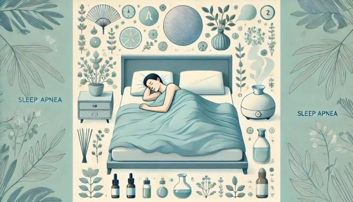 Apnee Notturne Apnee Notturne: Immagine di una camera da letto serena con una persona che dorme pacificamente, circondata da elementi naturali come piante e oli essenziali.