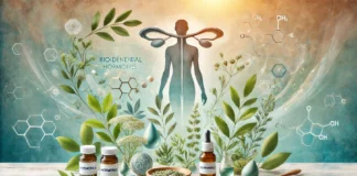 Immagine concettuale di equilibrio ormonale con elementi naturali come erbe fresche e rappresentazioni astratte del sistema endocrino umano.