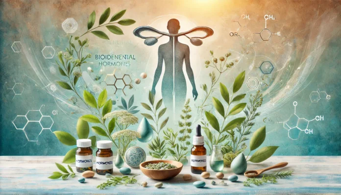 Immagine concettuale di equilibrio ormonale con elementi naturali come erbe fresche e rappresentazioni astratte del sistema endocrino umano.