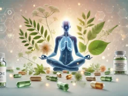 Immagine concettuale di bilanciamento ormonale naturale, con erbe, capsule e un'immagine serena di un corpo umano in armonia.
