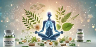 Immagine concettuale di bilanciamento ormonale naturale, con erbe, capsule e un'immagine serena di un corpo umano in armonia.