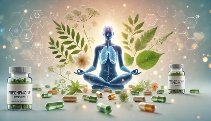 Immagine concettuale di bilanciamento ormonale naturale, con erbe, capsule e un'immagine serena di un corpo umano in armonia.